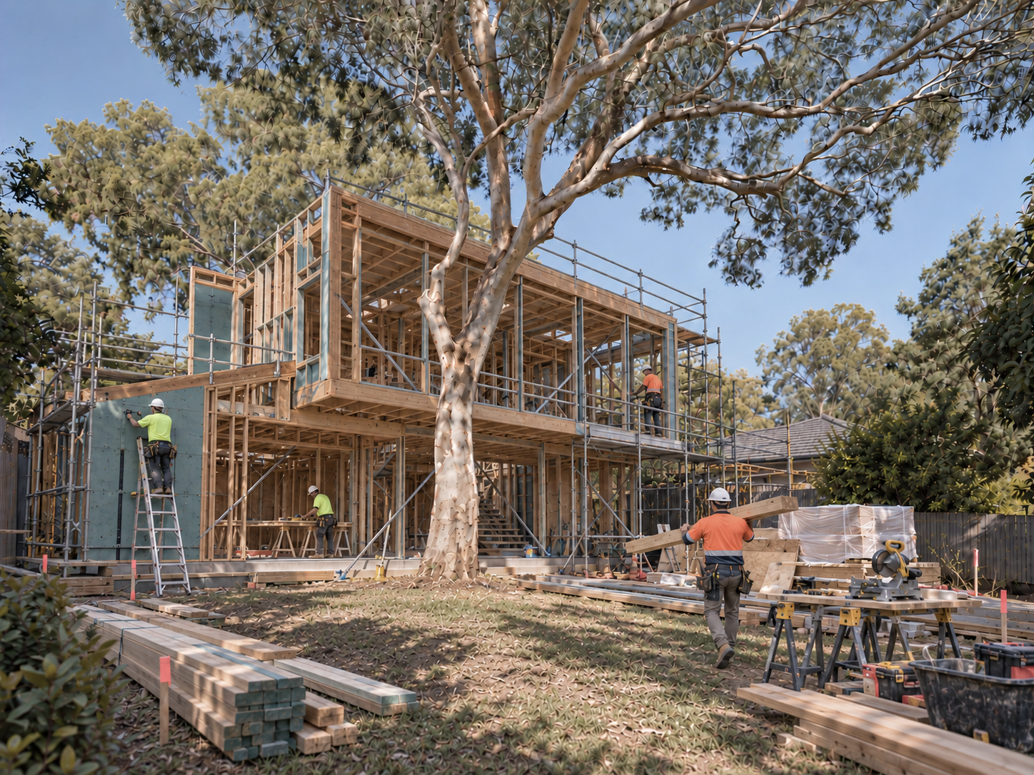 A residential construction site during the building stage